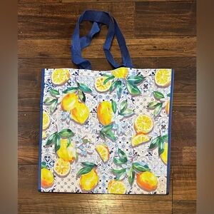 HomeGoods Lemon Print Tote Bag with Blue Handles